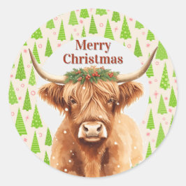 Merry Christmas Greenery Highland Miniature Cow Ronde Sticker