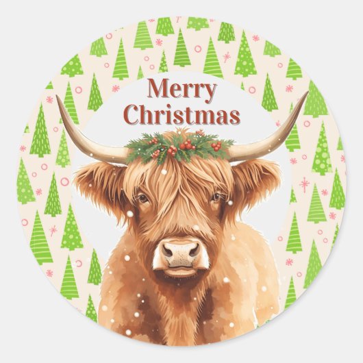 Merry Christmas Greenery Highland Miniature Cow Ronde Sticker (Voorkant)