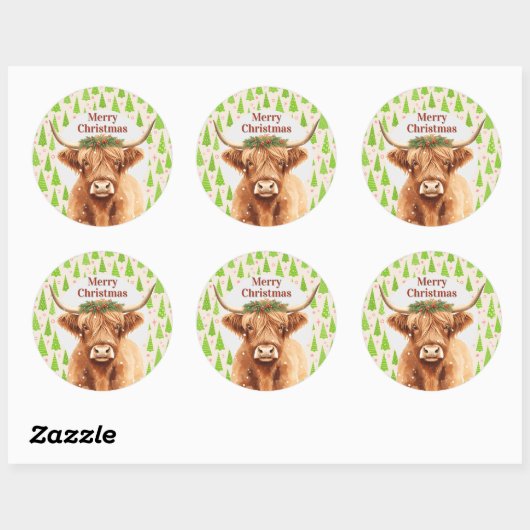 Merry Christmas Greenery Highland Miniature Cow Ronde Sticker (Vel)