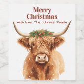 Merry Christmas Greenery Highland Miniature Cow Wijn Etiket (Enkel label)