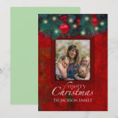 Merry Christmas Greenery  Ornaments On Red Photo  Feestdagenkaart (Voorkant / Achterkant)