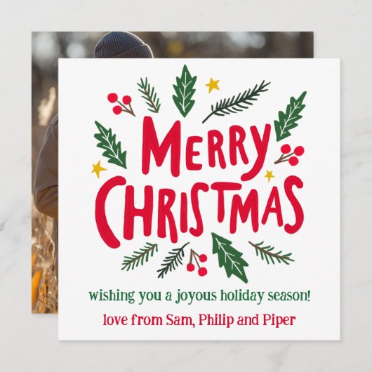 MERRY CHRISTMAS Hand-getrokken AANGEPASTE FOTO Feestdagenkaart (Voorkant / Achterkant)