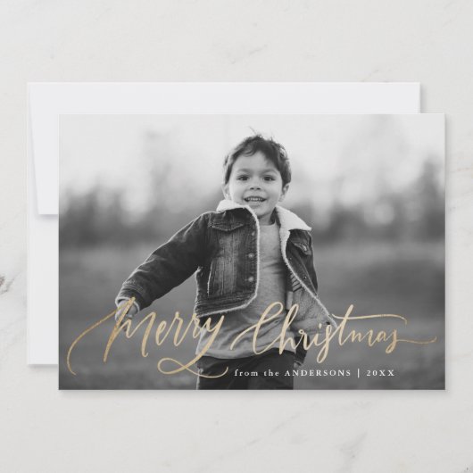 Merry Christmas Hand-Lettered Gold Script Foto Feestdagenkaart (Voorkant)