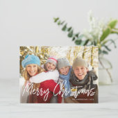 Merry Christmas Handwritten White Script Photo Feestdagenkaart (Staand voorkant)