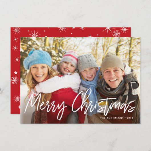 Merry Christmas Handwritten White Script Photo Feestdagenkaart (Voorkant / Achterkant)