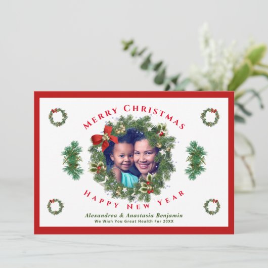 Merry Christmas Happy New Year Family Photo Custom Feestdagenkaart (Staand voorkant)