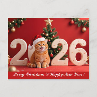 Merry Christmas & Happy New Year, Red Santa Cat Briefkaart