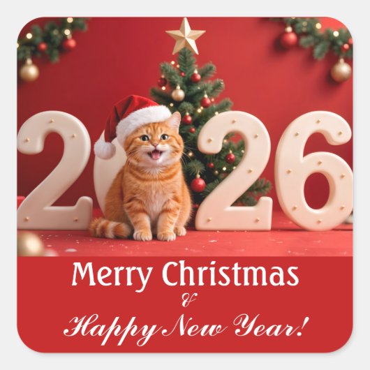 Merry Christmas & Happy New Year, Red Santa Cat Vierkante Sticker (Voorkant)