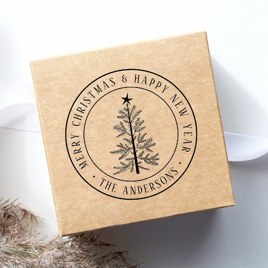 Merry Christmas & Happy New Year Rustic Pine Tree  Zelfinktende Stempel