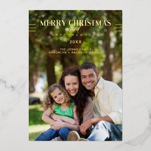 Merry Christmas Happy New Year Script Custom Photo Folie Feestdagenkaart (Voorkant)