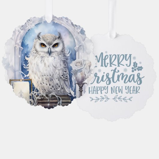Merry Christmas Happy New Year White Owl Ornament Kaart (Voorkant / Achterkant)