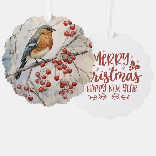 Merry Christmas Happy New Year Winter Robin  Ornament Kaart (Voorkant / Achterkant)