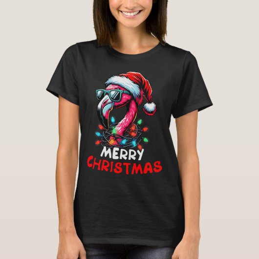 Merry Christmas Hat Santa Flamingo Christmas Light T-shirt (Voorkant)