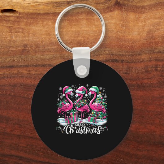 Merry Christmas Hat Santa Flamingo Light Christmas Sleutelhanger (Voorkant)
