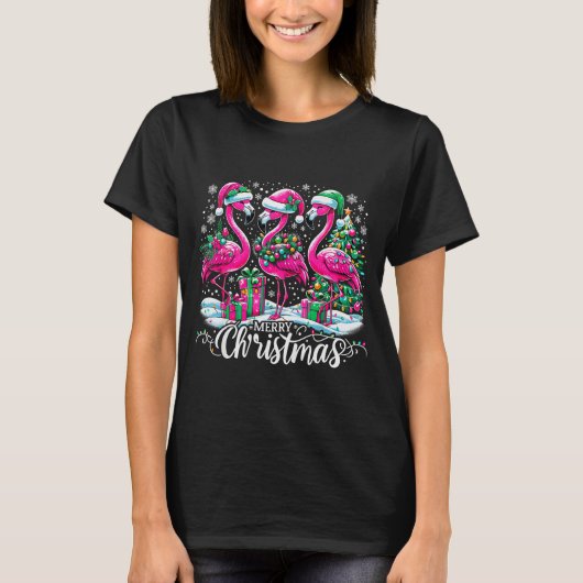 Merry Christmas Hat Santa Flamingo Light Christmas T-shirt (Voorkant)