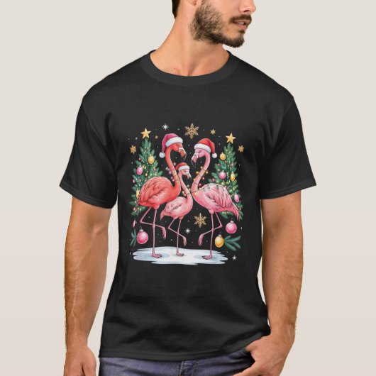 Merry Christmas Hat Santa Flamingo Light Christmas T-shirt (Voorkant)