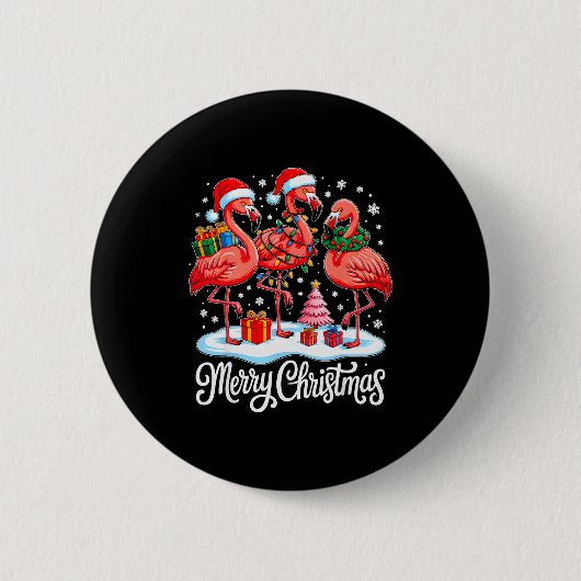 Merry Christmas Hat Santa Flamingo Light Xmas Wome Ronde Button 5,7 Cm (Voorkant)