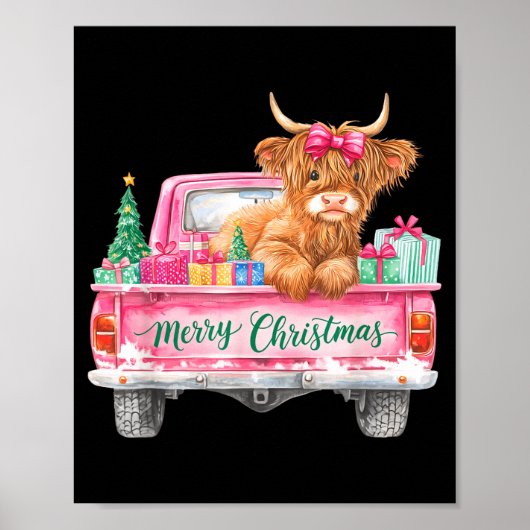 Merry Christmas Highland Cow Nk Truck Xmas Tree Wo Poster (Voorkant)