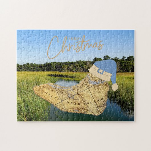 Merry Christmas Hilton Head Island Kaart Marshland Legpuzzel (Horizontaal)