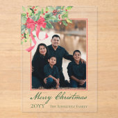 Merry Christmas Holly and Berry Greenery Photo Acryl Uitnodigingen (Voorkant)