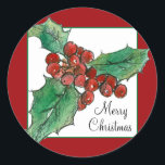 Merry Christmas Holly Berries Plant Botanische Kun Ronde Sticker<br><div class="desc">Een  en feestelijke kerstvakantie-sticker met een vleugje heilige en rijpe rode bessen met zwarte inkt en met een waterverf die voorzien is van een wit en groen lijst met een feestelijke rode achtergrond.</div>