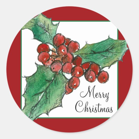 Merry Christmas Holly Berries Plant Botanische Kun Ronde Sticker (Voorkant)