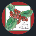 Merry Christmas Holly Berries Plant Botanische Kun Ronde Sticker<br><div class="desc">Een  en feestelijke kerstvakantie-sticker met een vleugje heilige en rijpe rode bessen met zwarte inkt en met een waterverf die voorzien is van een wit en groen lijst met een feestelijke rode achtergrond.</div>