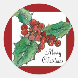 Merry Christmas Holly Berries Plant Botanische Kun Ronde Sticker