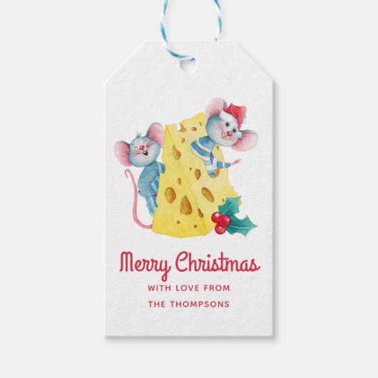Merry Christmas Holly Cheese Mice gepersonaliseerd Cadeaulabel (Voorkant)