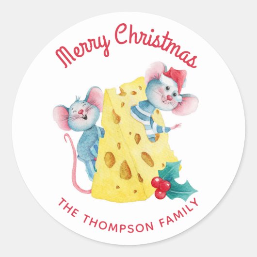 Merry Christmas Holly Cheese Mice gepersonaliseerd Ronde Sticker (Voorkant)