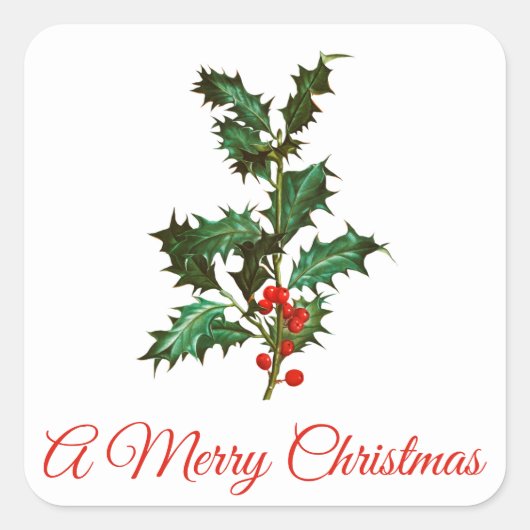 MERRY CHRISTMAS HOLLY ENVELOPE SEAL VIERKANTE STICKER (Voorkant)