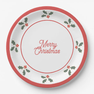 Merry Christmas Holly Plate Red and White Papieren Bordje