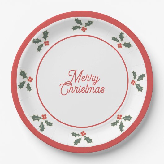 Merry Christmas Holly Plate Red and White Papieren Bordje (Voorkant)