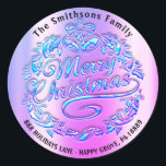 Merry Christmas Holly Wreath RSVP Bells Roze Blauw Ronde Sticker<br><div class="desc">Een elegante,  moderne,  prettige kerststicker. Het belangrijkste decor is het Merry Kerstkaligray FlorenceK-ontwerp</div>