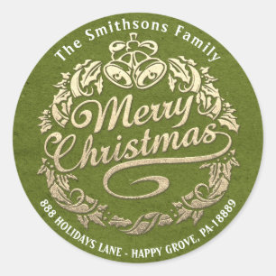 Merry Christmas Holly Wreath RSVP Gold Green Ronde Sticker