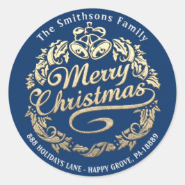 Merry Christmas Holly Wreath RSVP Gold Royal Blue Ronde Sticker