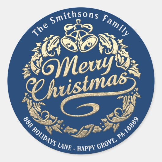 Merry Christmas Holly Wreath RSVP Gold Royal Blue Ronde Sticker (Voorkant)