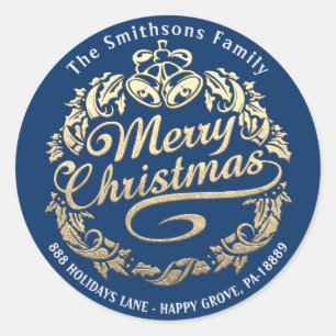 Merry Christmas Holly Wreath RSVP Gold Royal Blue Ronde Sticker