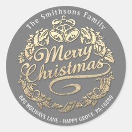 Merry Christmas Holly Wreath RSVP Gold Royal Grey Ronde Sticker