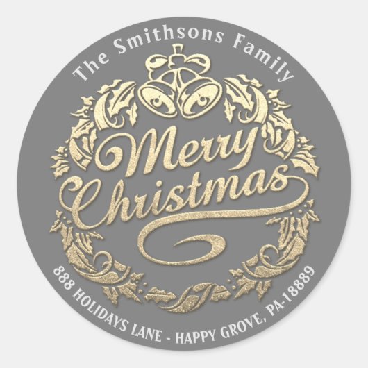 Merry Christmas Holly Wreath RSVP Gold Royal Grey Ronde Sticker (Voorkant)