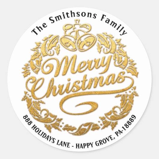 Merry Christmas Holly Wreath RSVP Gold White Ronde Sticker (Voorkant)