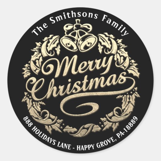 Merry Christmas Holly Wreath RSVP Gold Zwart Wit Ronde Sticker (Voorkant)