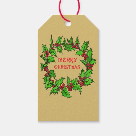 Merry Christmas Holly Wreath With Berries  Cadeaulabel (Voorkant)