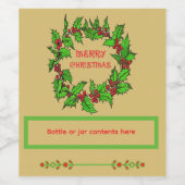 Merry Christmas Holly Wreath With Berries  Wijn Etiket (Enkel label)