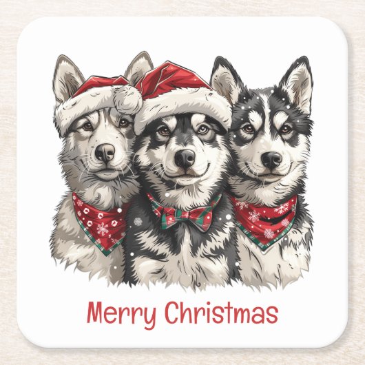 Merry Christmas Husky Dogs Kartonnen Onderzetters (Voorkant)