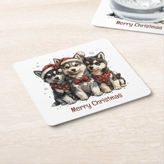 Merry Christmas Husky Dogs Kartonnen Onderzetters (Schuin)