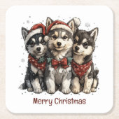 Merry Christmas Husky Dogs Kartonnen Onderzetters (Voorkant)