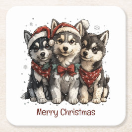 Merry Christmas Husky Dogs Kartonnen Onderzetters