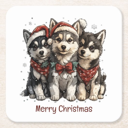 Merry Christmas Husky Dogs Kartonnen Onderzetters (Voorkant)