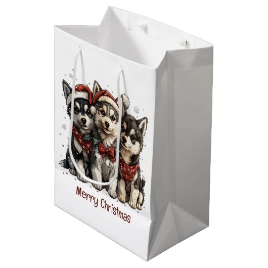 Merry Christmas Husky Dogs Medium Cadeauzakje (Voorkant Gekanteld)